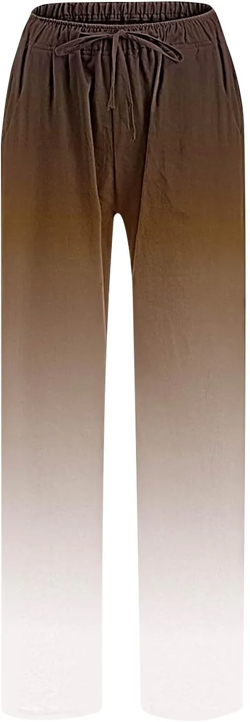 Womens Linen Pants with Pockets Gradient Drawstring Loose Fit Summer Palazzo Pants Casual Lightweight Loose Trousers