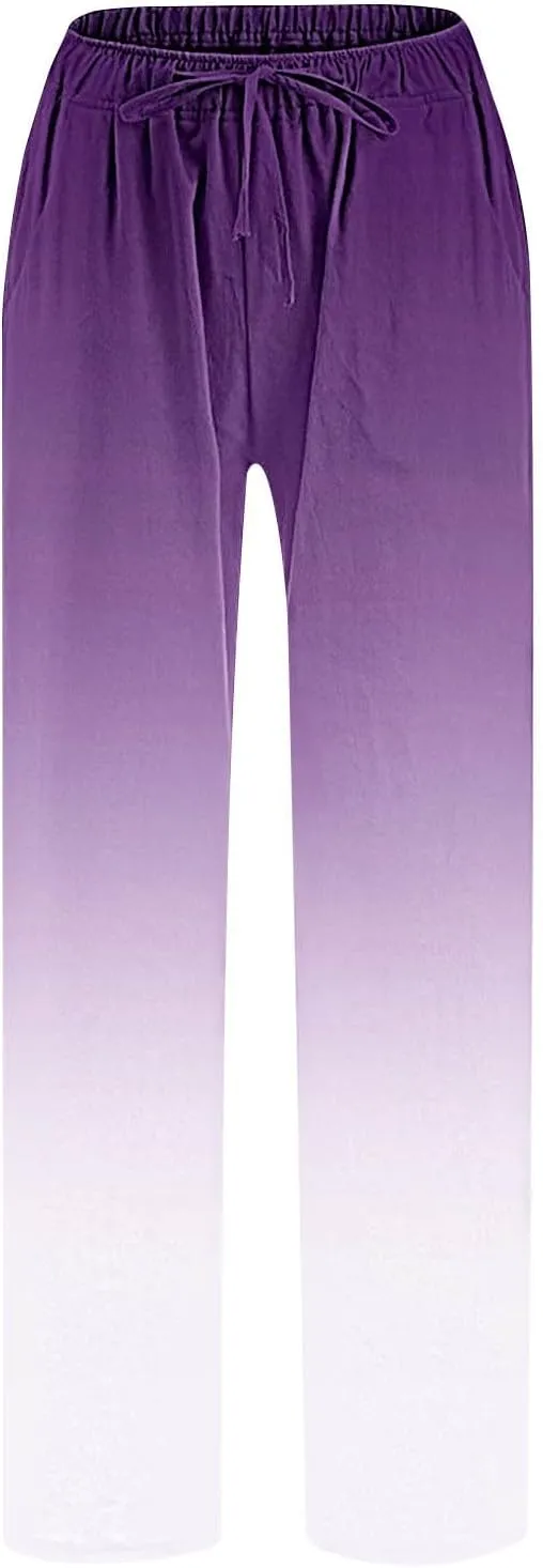 Womens Linen Pants with Pockets Gradient Drawstring Loose Fit Summer Palazzo Pants Casual Lightweight Loose Trousers