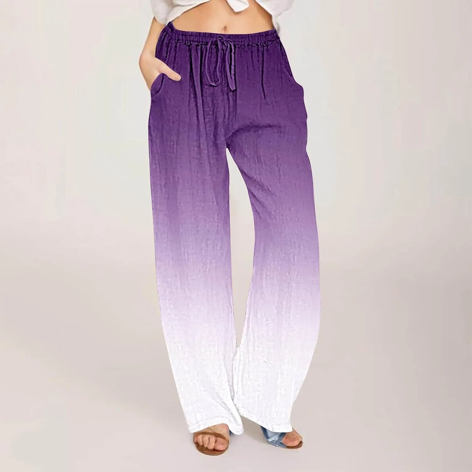 Womens Linen Pants with Pockets Gradient Drawstring Loose Fit Summer Palazzo Pants Casual Lightweight Loose Trousers