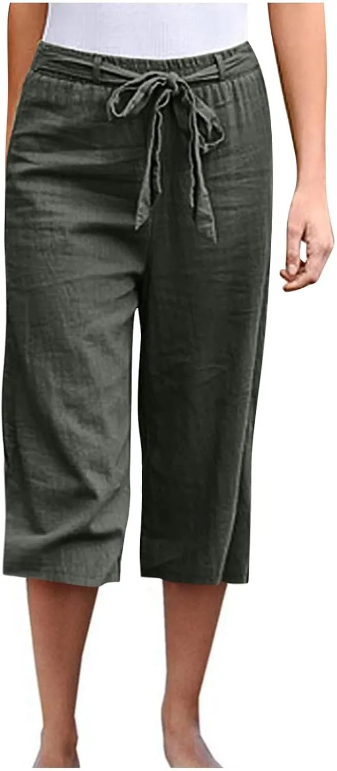 Womens Linen Wide Leg Pants Casual Loose Elastic Waist Pants Drawstring Baggy Loose Beach Trousers with Pockets