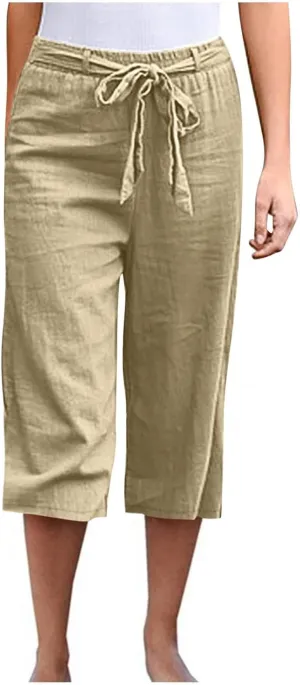 Womens Linen Wide Leg Pants Casual Loose Elastic Waist Pants Drawstring Baggy Loose Beach Trousers with Pockets