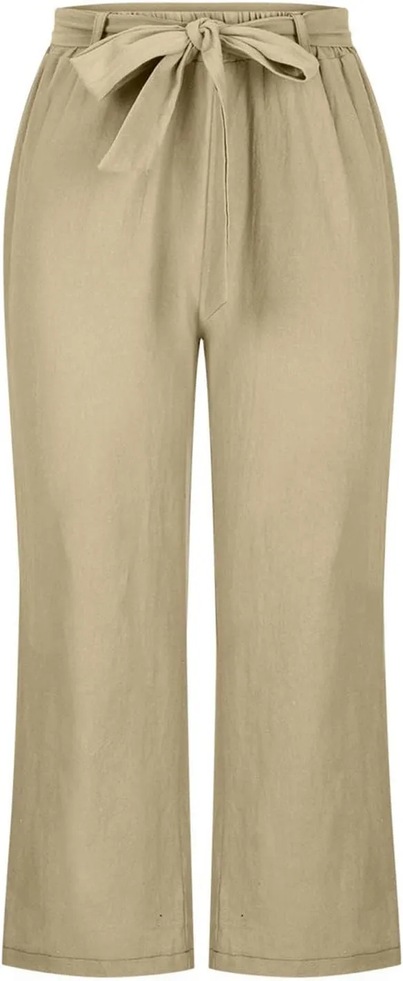 Womens Linen Wide Leg Pants Casual Loose Elastic Waist Pants Drawstring Baggy Loose Beach Trousers with Pockets