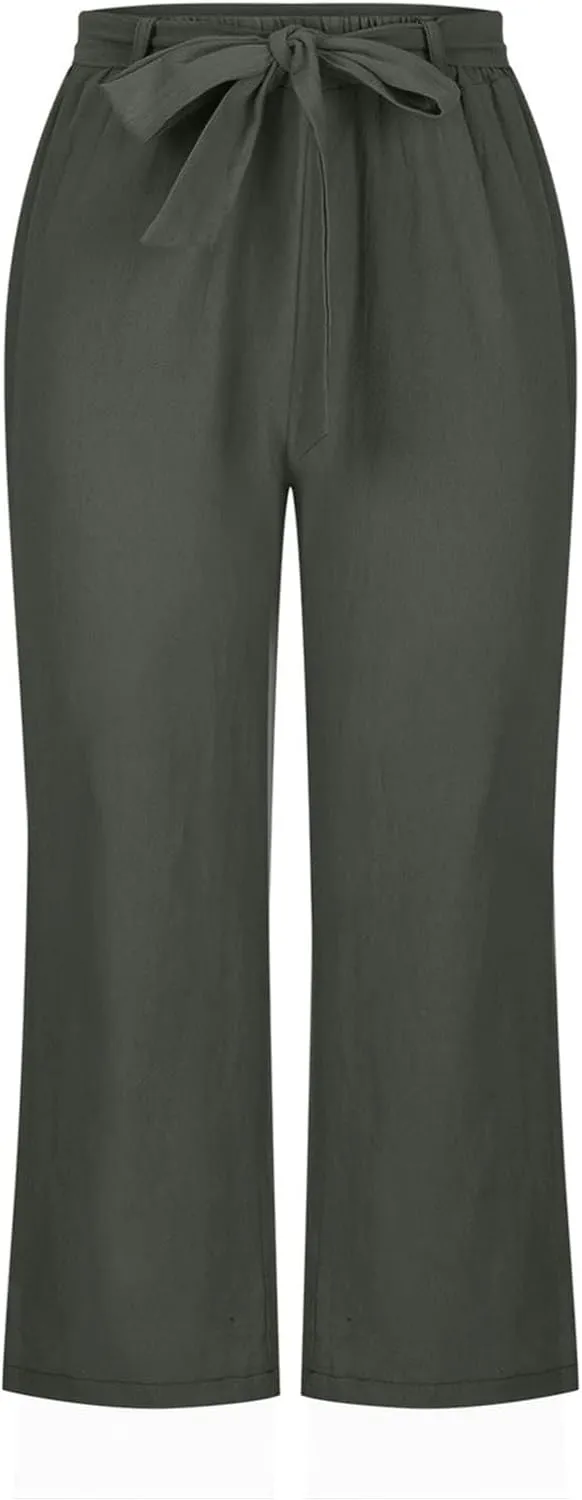 Womens Linen Wide Leg Pants Casual Loose Elastic Waist Pants Drawstring Baggy Loose Beach Trousers with Pockets