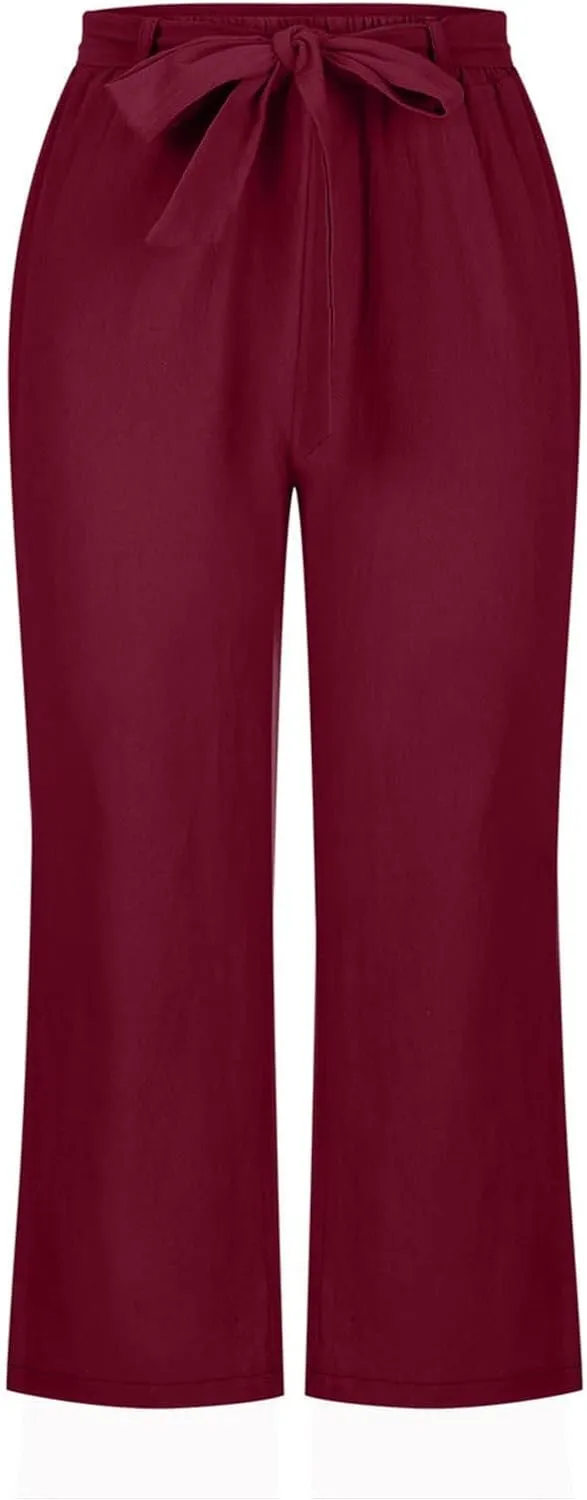 Womens Linen Wide Leg Pants Casual Loose Elastic Waist Pants Drawstring Baggy Loose Beach Trousers with Pockets