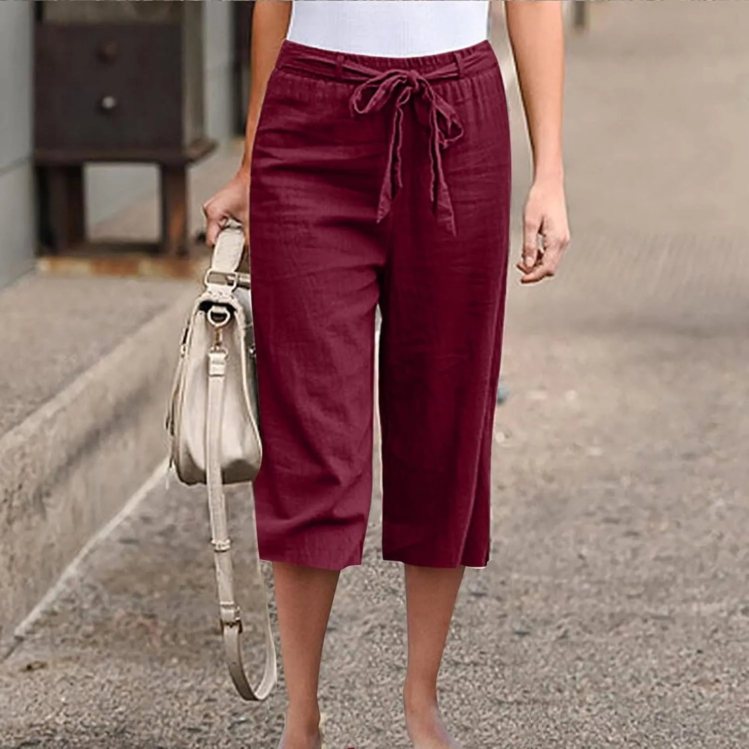 Womens Linen Wide Leg Pants Casual Loose Elastic Waist Pants Drawstring Baggy Loose Beach Trousers with Pockets
