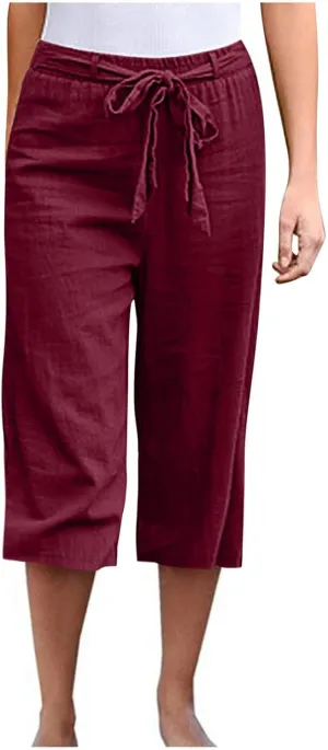 Womens Linen Wide Leg Pants Casual Loose Elastic Waist Pants Drawstring Baggy Loose Beach Trousers with Pockets