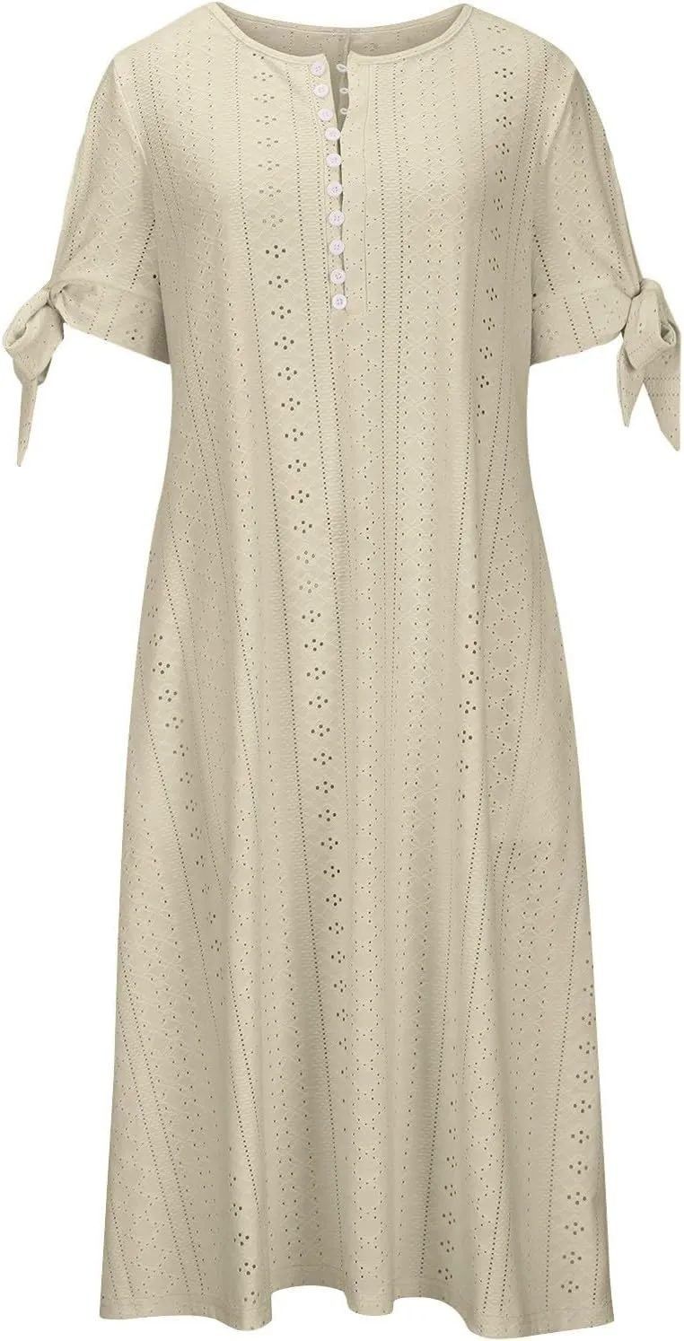 Women's Maxi Dresses Eyelet Summer Boho Solid Color Pleated Long Dress Loose Casual Vacation Trendy Clothing 2025