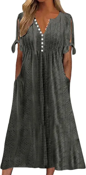 Women's Maxi Dresses Eyelet Summer Boho Solid Color Pleated Long Dress Loose Casual Vacation Trendy Clothing 2025