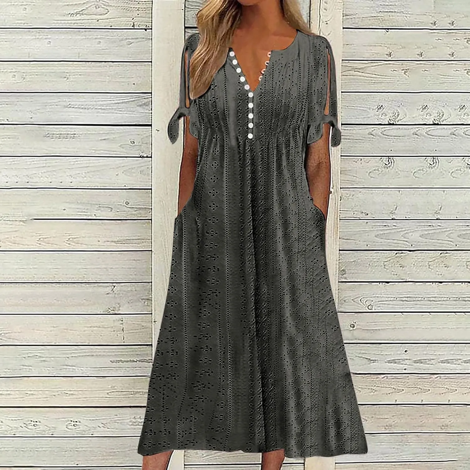 Women's Maxi Dresses Eyelet Summer Boho Solid Color Pleated Long Dress Loose Casual Vacation Trendy Clothing 2025