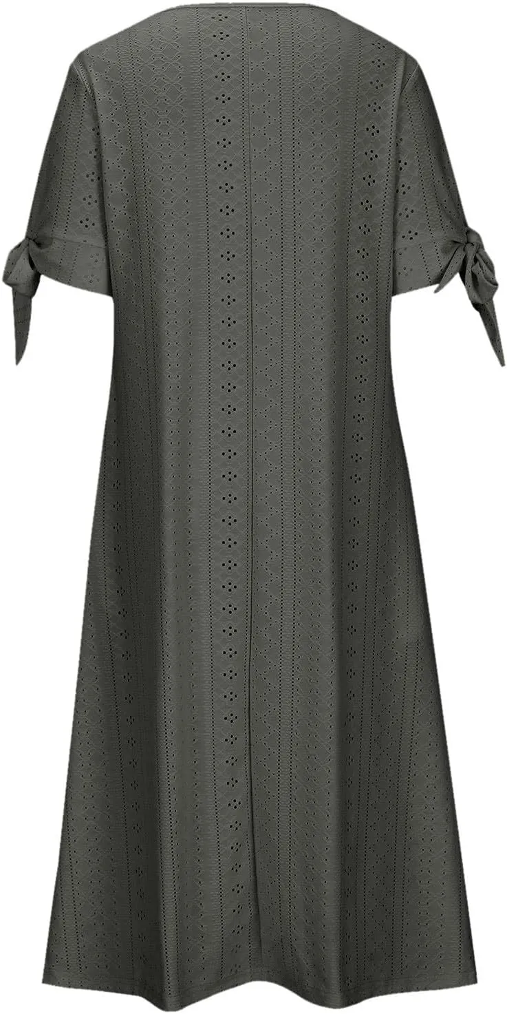 Women's Maxi Dresses Eyelet Summer Boho Solid Color Pleated Long Dress Loose Casual Vacation Trendy Clothing 2025