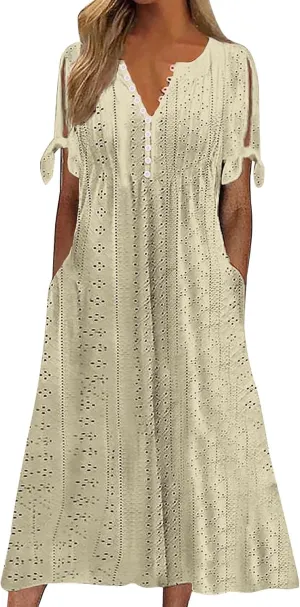 Women's Maxi Dresses Eyelet Summer Boho Solid Color Pleated Long Dress Loose Casual Vacation Trendy Clothing 2025