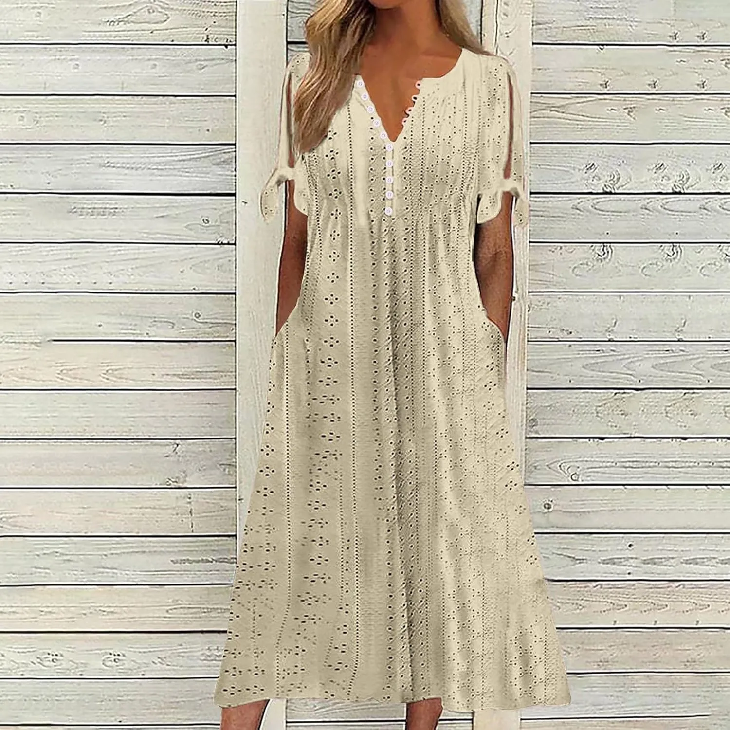 Women's Maxi Dresses Eyelet Summer Boho Solid Color Pleated Long Dress Loose Casual Vacation Trendy Clothing 2025