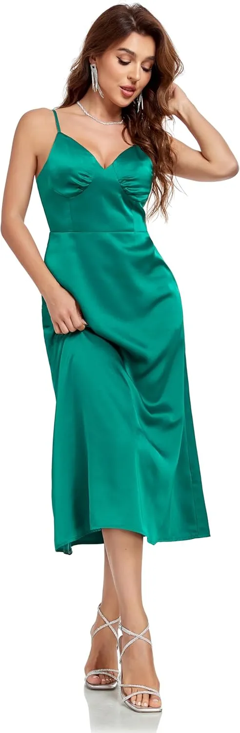 Womens Midi Satin Silk Spaghetti Strap Dresses Slip V Neck Cocktail Casual Party Sexy Dress