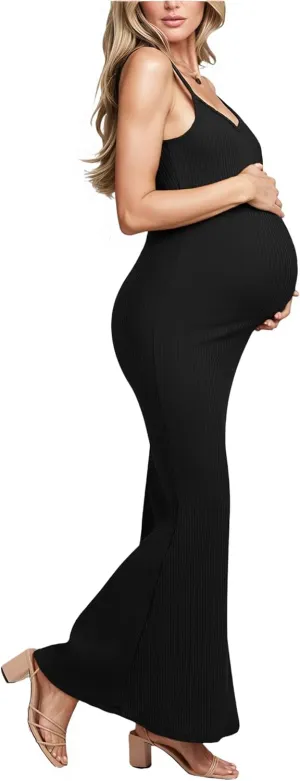 Women's Ribbed Spaghetti Strap Maternity Dress Elegant Slip Sleeveless Bodycon Maxi Pregnancy Dresses