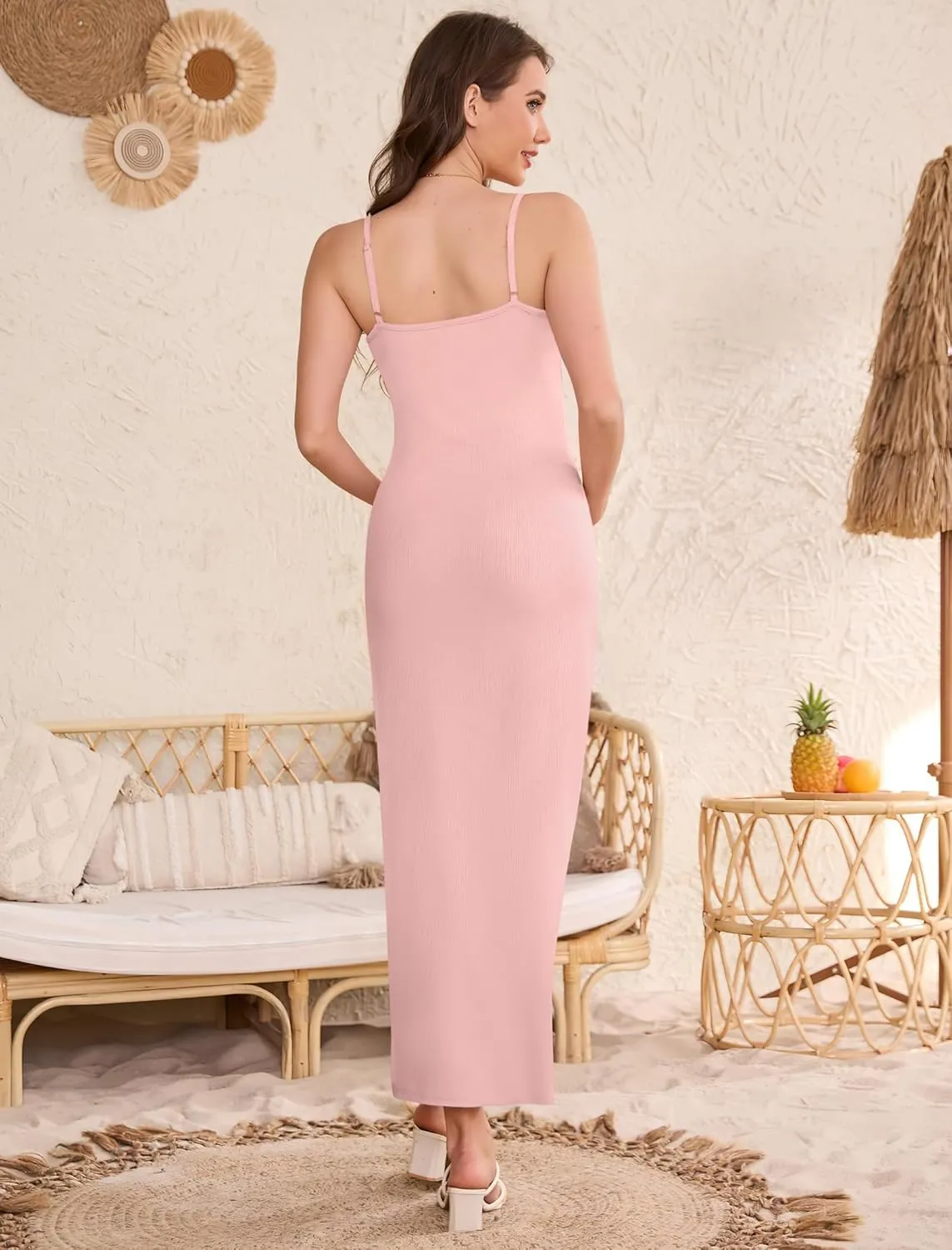 Women's Ribbed Spaghetti Strap Maternity Dress Elegant Slip Sleeveless Bodycon Maxi Pregnancy Dresses