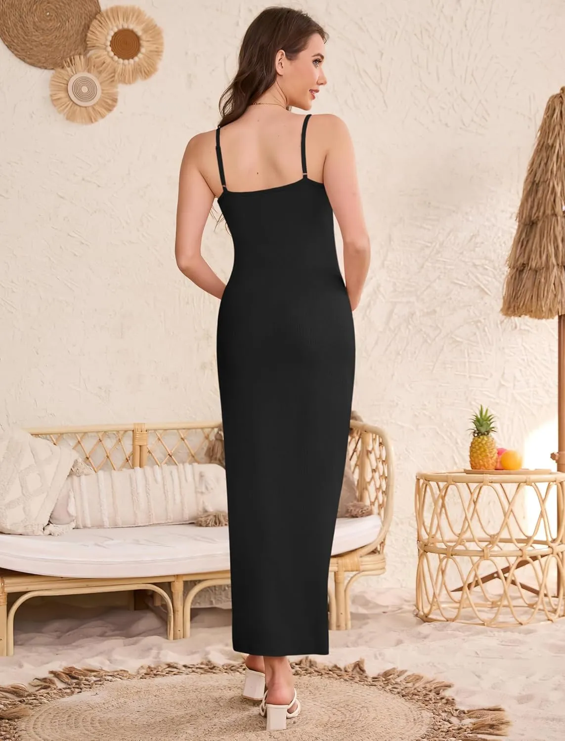 Women's Ribbed Spaghetti Strap Maternity Dress Elegant Slip Sleeveless Bodycon Maxi Pregnancy Dresses