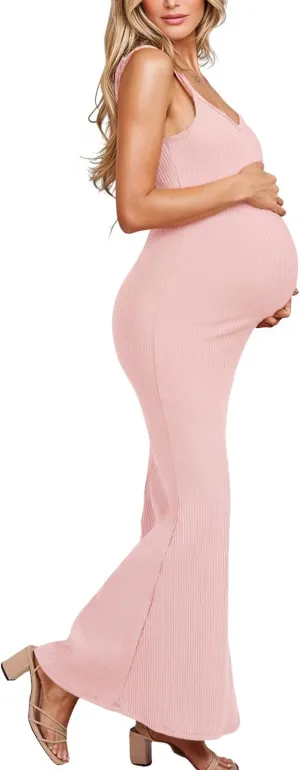 Women's Ribbed Spaghetti Strap Maternity Dress Elegant Slip Sleeveless Bodycon Maxi Pregnancy Dresses