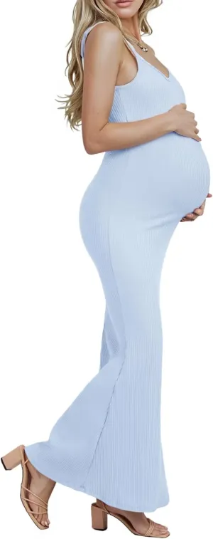 Women's Ribbed Spaghetti Strap Maternity Dress Elegant Slip Sleeveless Bodycon Maxi Pregnancy Dresses