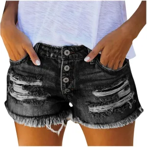 Women's Ripped Denim Shorts High Waisted Jean Shorts Women Frayed Raw Hem Casual Jeans Booty Button Shorts
