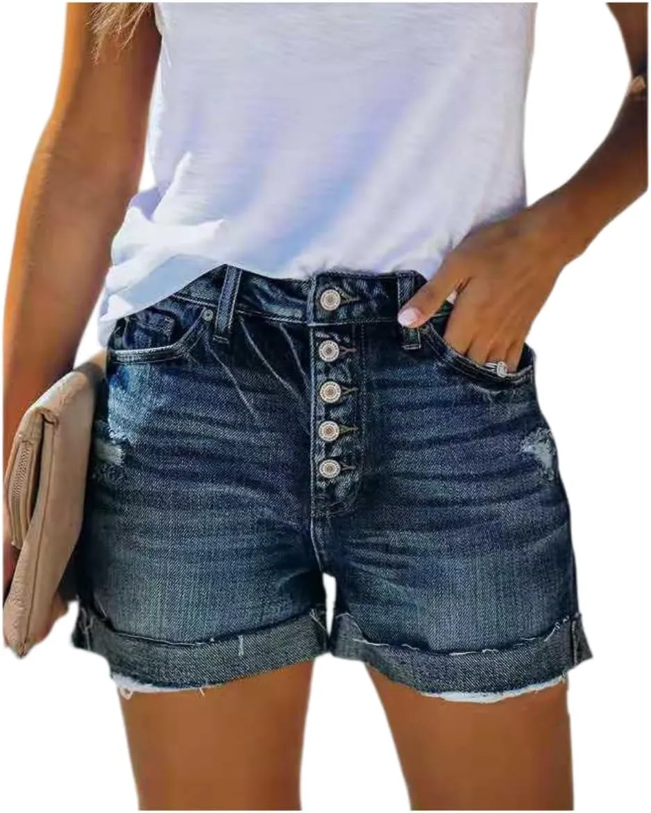 Women's Ripped Jean Shorts Mid-High Waisted Denim Shorts Stretchy Summer Hot Short Skinny Rolled Hem Shorts