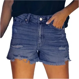 Women's Ripped Jean Shorts Mid-High Waisted Denim Shorts Stretchy Summer Hot Short Skinny Rolled Hem Shorts