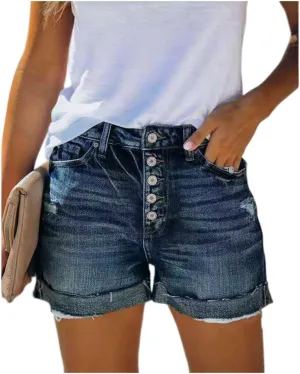 Women's Ripped Jean Shorts Mid-High Waisted Denim Shorts Stretchy Summer Hot Short Skinny Rolled Hem Shorts