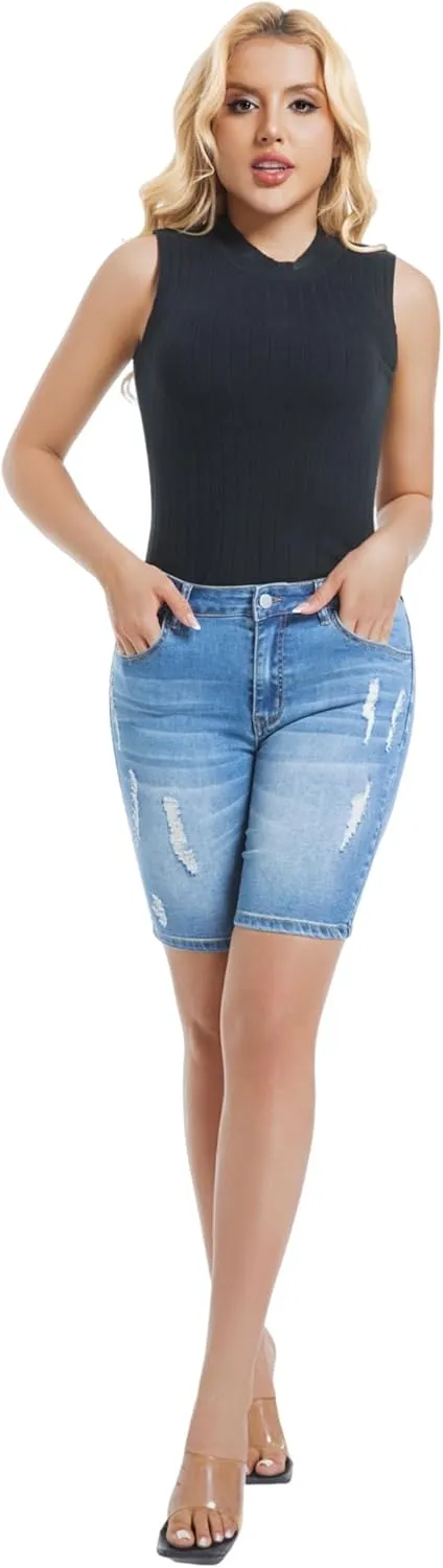Women's Ripped Stretchy Bermuda Shorts High Waisted Long Denim Jean Shorts