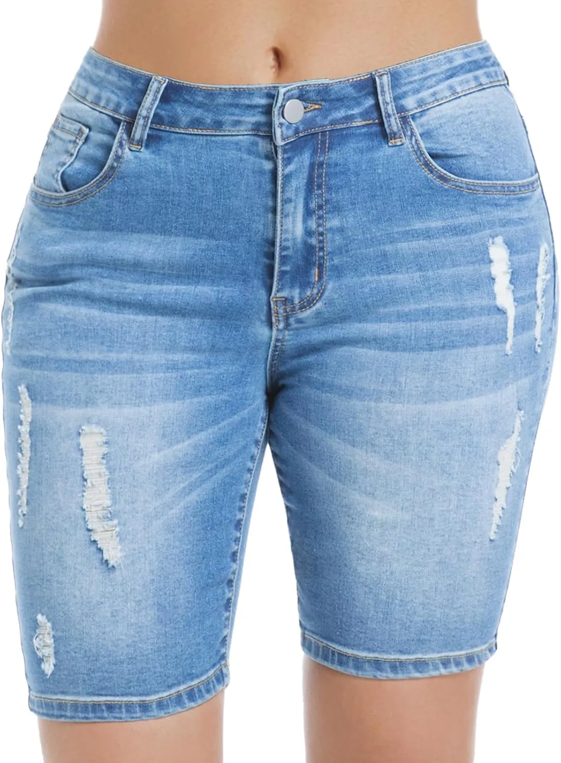 Women's Ripped Stretchy Bermuda Shorts High Waisted Long Denim Jean Shorts