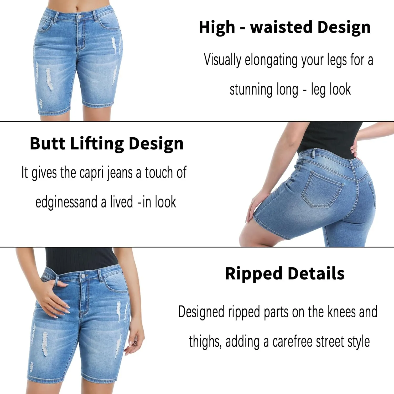 Women's Ripped Stretchy Bermuda Shorts High Waisted Long Denim Jean Shorts