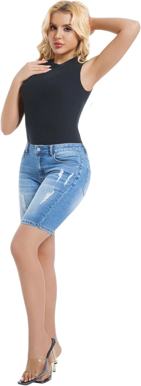 Women's Ripped Stretchy Bermuda Shorts High Waisted Long Denim Jean Shorts