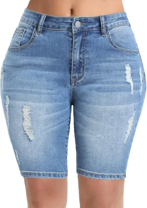Women's Ripped Stretchy Bermuda Shorts High Waisted Long Denim Jean Shorts