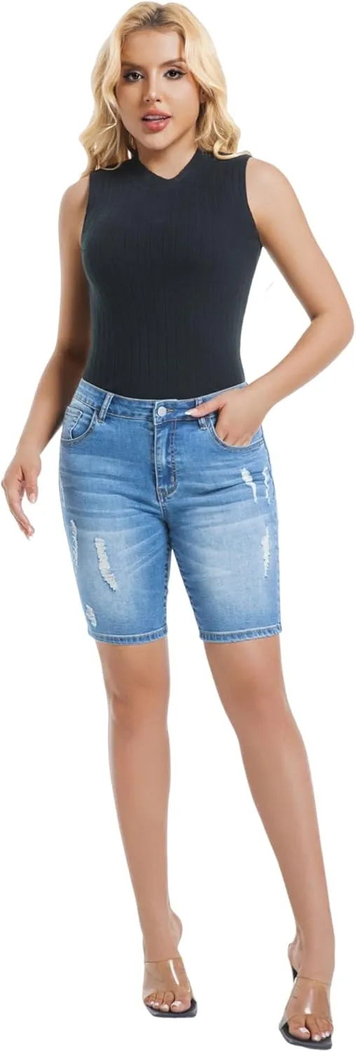 Women's Ripped Stretchy Bermuda Shorts High Waisted Long Denim Jean Shorts
