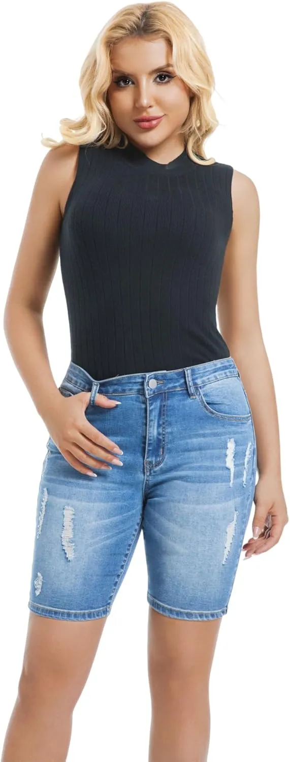 Women's Ripped Stretchy Bermuda Shorts High Waisted Long Denim Jean Shorts