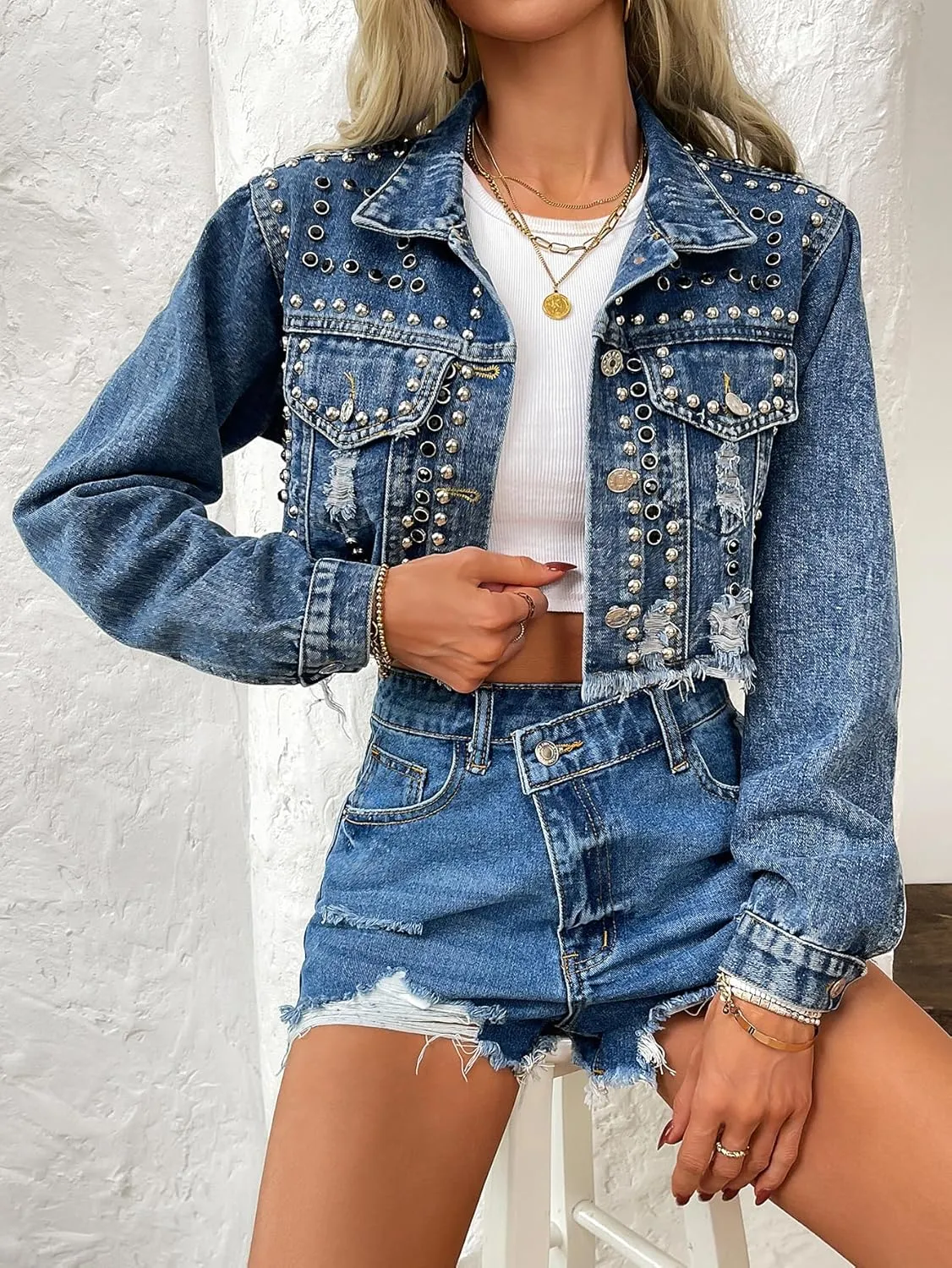 Women's Rivet Studded Denim Jacket Cropped Washed Pearl Short Jean Coat