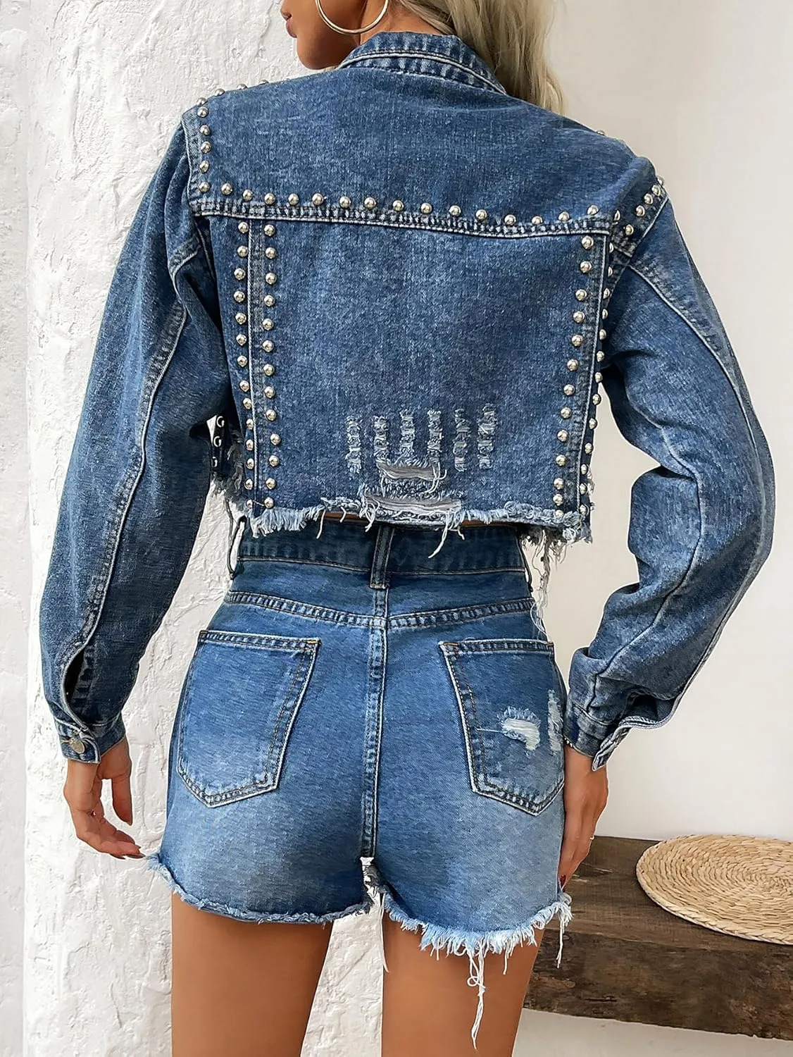 Women's Rivet Studded Denim Jacket Cropped Washed Pearl Short Jean Coat