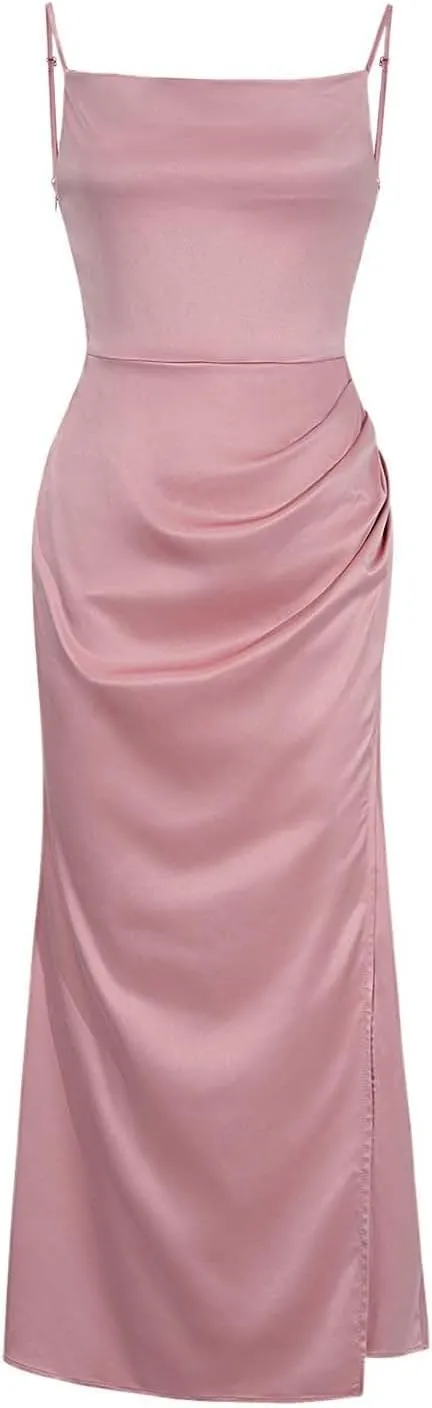 Women's Satin Silk Slip Dress Cowl Neck Backless Ruched Bodycon Dress Summer Sexy Casual Club Formal Long Midi Dresses