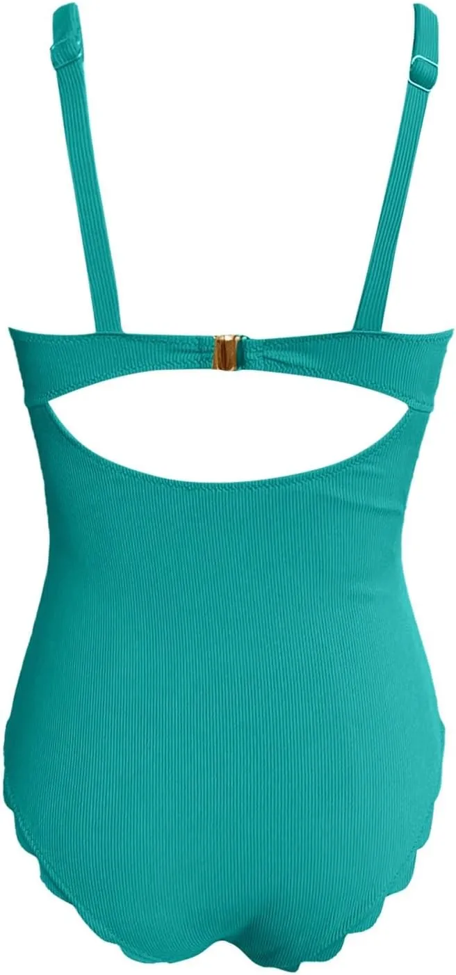 Womens Scalloped Ribbed Swimsuits One Piece 2025 Square Neck Tummy Control Bathing Suits Sexy Cute Backless Swimwear