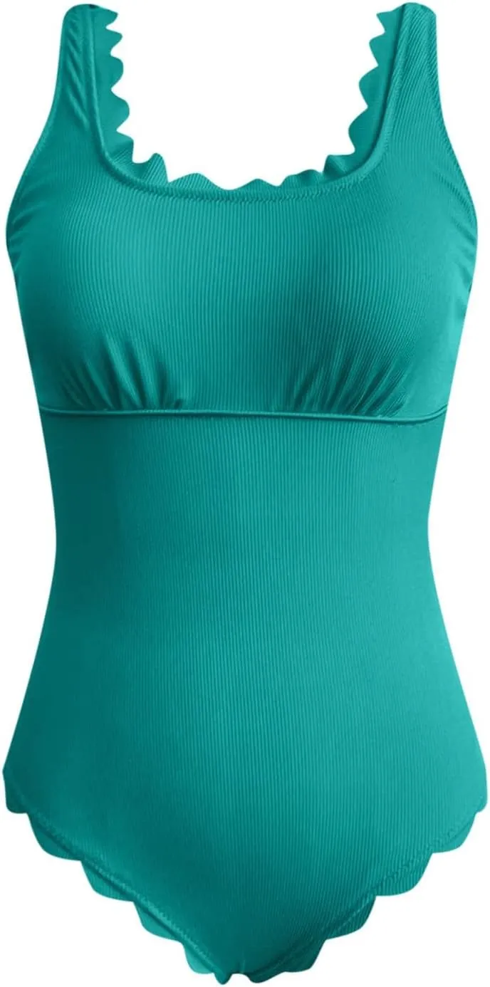 Womens Scalloped Ribbed Swimsuits One Piece 2025 Square Neck Tummy Control Bathing Suits Sexy Cute Backless Swimwear