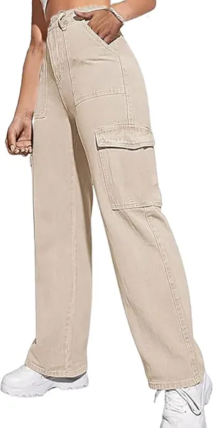 Womens Sexy Cargo Jeans Flap Pocket Stretchy High Waisted Straight Wide Leg Denim Pants