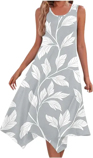 Women's Sexy Spaghetti Straps Midi Dresses Sleeveless Casual Sundress Floral Printed Flowy Beach Dress