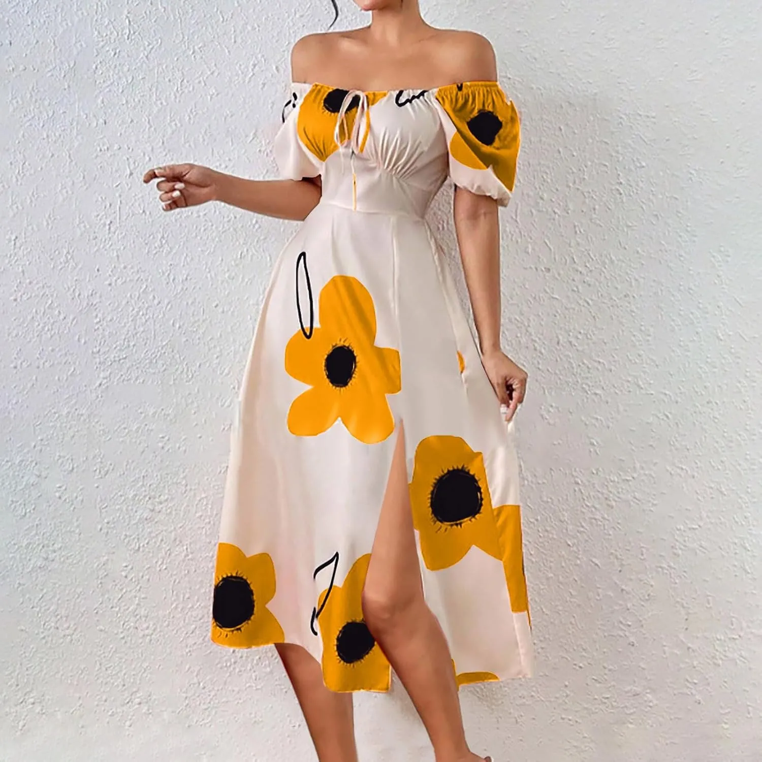 Womens Sexy Split Hem Bandeau Maxi Dresses Puff Sleeves Off-Shoulder Cocktail Party Floral Dress Beach Sundress