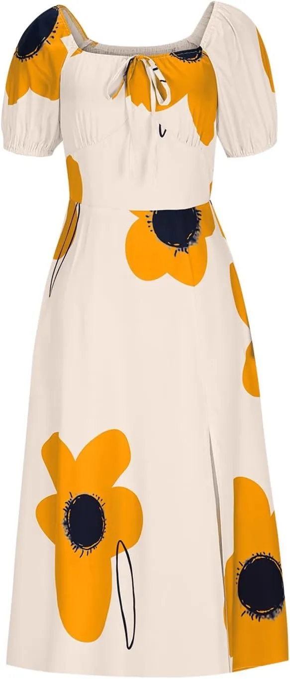 Womens Sexy Split Hem Bandeau Maxi Dresses Puff Sleeves Off-Shoulder Cocktail Party Floral Dress Beach Sundress