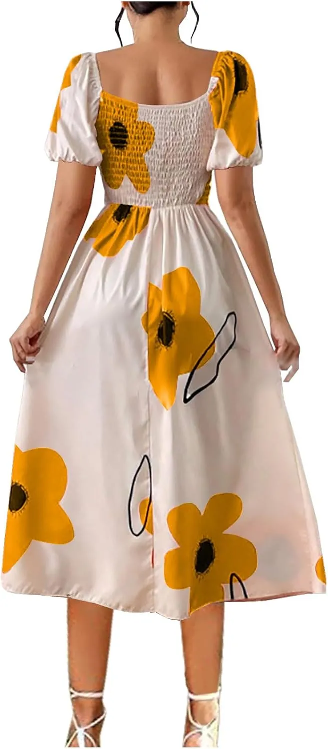 Womens Sexy Split Hem Bandeau Maxi Dresses Puff Sleeves Off-Shoulder Cocktail Party Floral Dress Beach Sundress