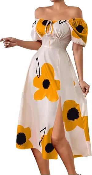Womens Sexy Split Hem Bandeau Maxi Dresses Puff Sleeves Off-Shoulder Cocktail Party Floral Dress Beach Sundress