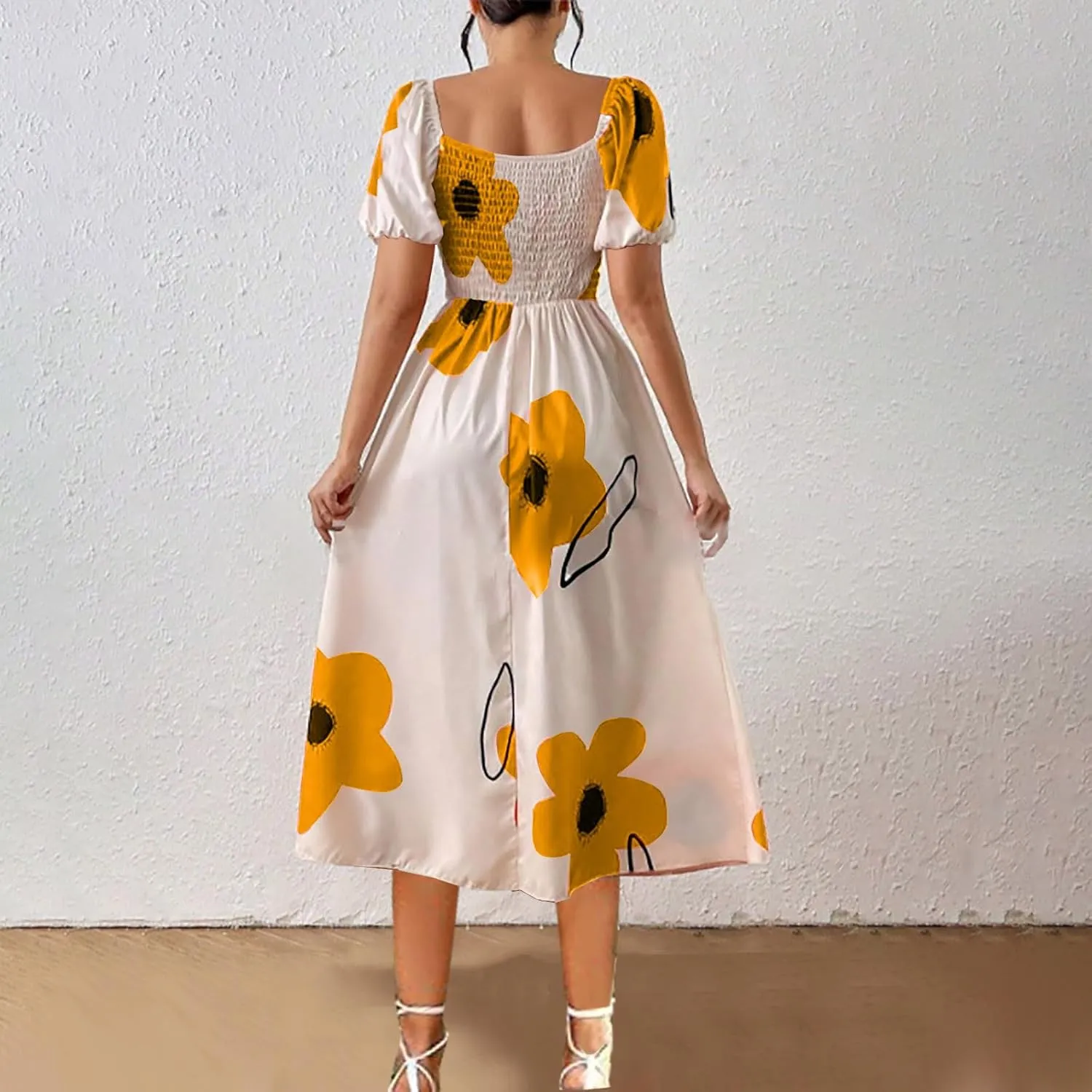 Womens Sexy Split Hem Bandeau Maxi Dresses Puff Sleeves Off-Shoulder Cocktail Party Floral Dress Beach Sundress