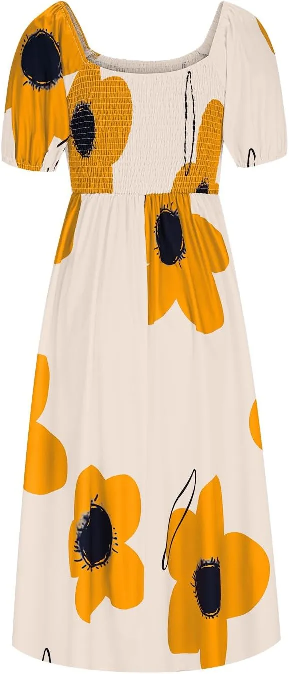 Womens Sexy Split Hem Bandeau Maxi Dresses Puff Sleeves Off-Shoulder Cocktail Party Floral Dress Beach Sundress