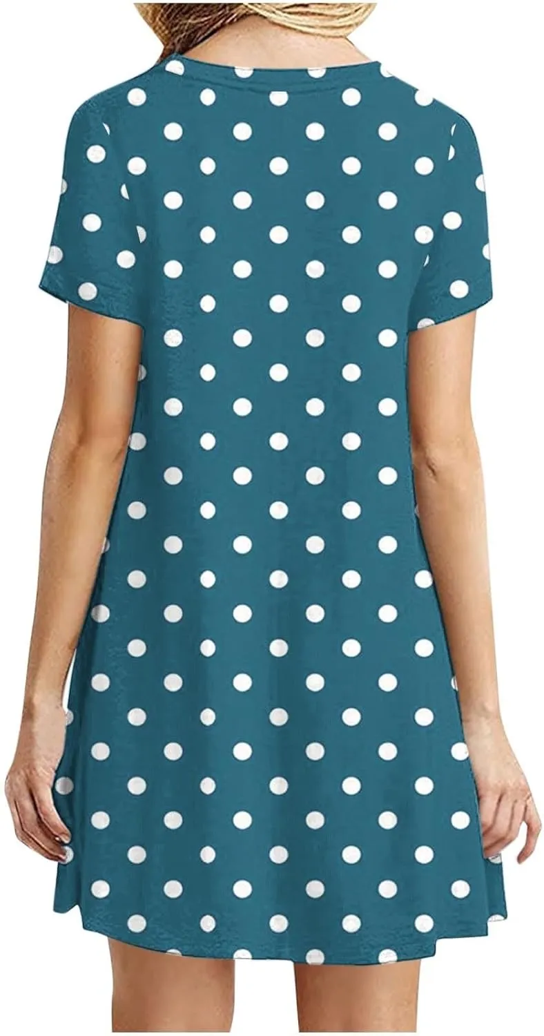 Womens Shirt Dresses 2025 Short Sleeve Crewneck Summer Dress Polka Dot Vintage Dress Loose Fit Shift Dress