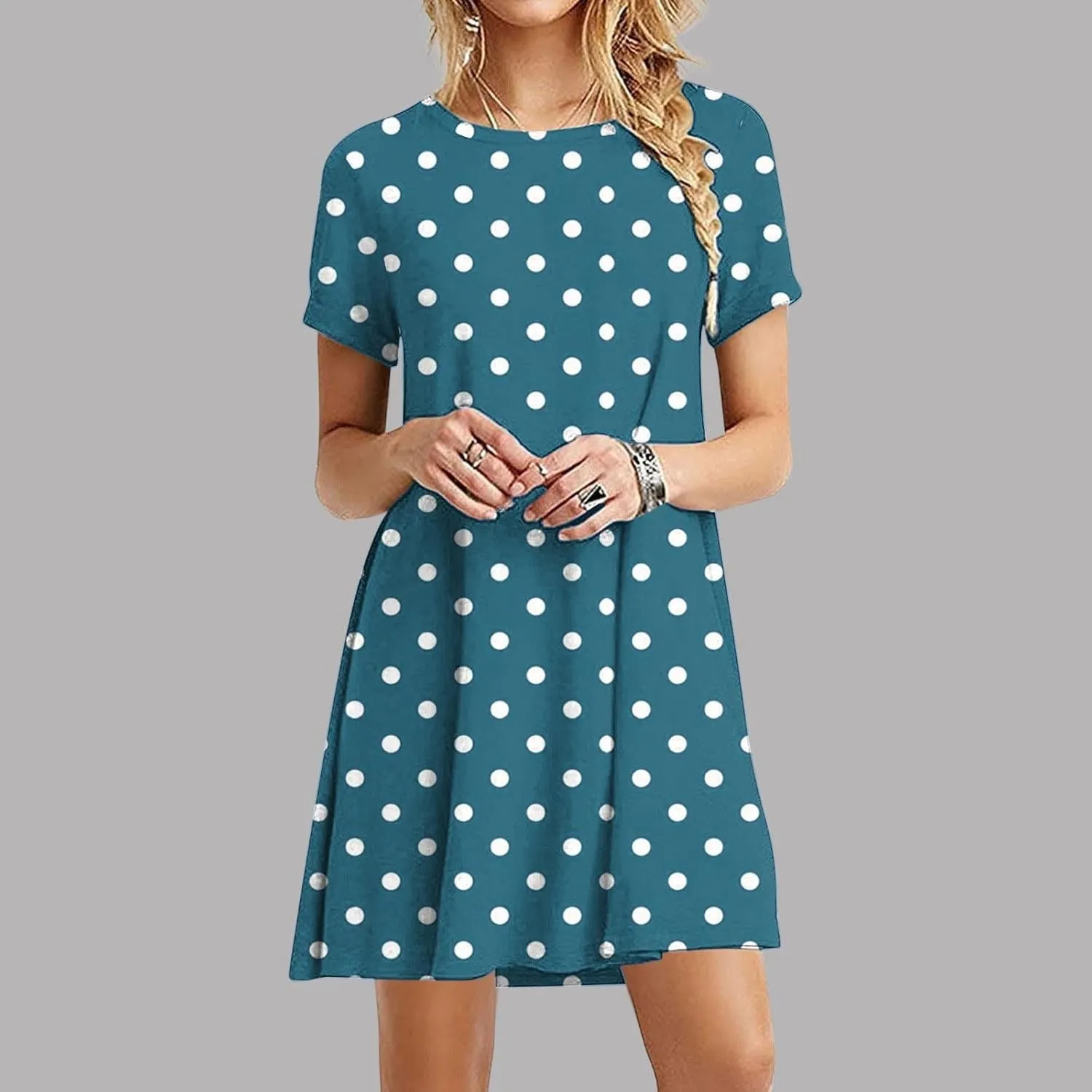Womens Shirt Dresses 2025 Short Sleeve Crewneck Summer Dress Polka Dot Vintage Dress Loose Fit Shift Dress
