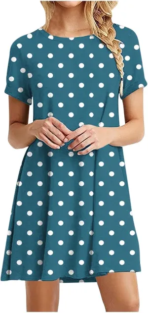 Womens Shirt Dresses 2025 Short Sleeve Crewneck Summer Dress Polka Dot Vintage Dress Loose Fit Shift Dress