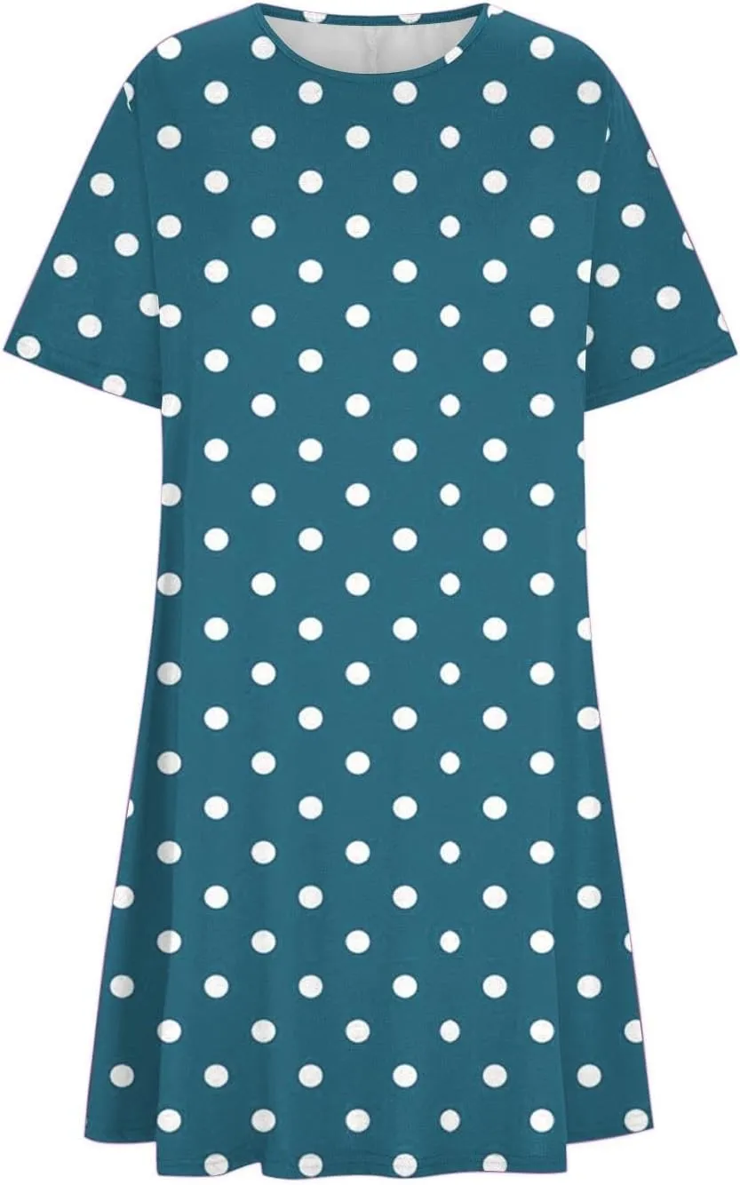 Womens Shirt Dresses 2025 Short Sleeve Crewneck Summer Dress Polka Dot Vintage Dress Loose Fit Shift Dress